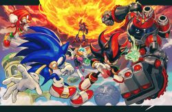 1girl 5boys absurdres big_arms_(sonic) black_fur blue_fur body_fur chaos_emerald clenched_hand death_egg dr._eggman group_picture highres knuckles_the_echidna kornart mecha_sonic_mkii multiple_boys red_fur robot rouge_the_bat shadow_the_hedgehog sky_sanctuary_(sonic) sonic_(series) sonic_the_hedgehog