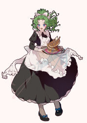 apron black_dress black_shoes blue_eyes blush bow breasts collared_dress dress final_fantasy final_fantasy_vi food footwear_bow frilled_apron frills full_body green_hair hair_bow highres holding holding_tray juliet_sleeves jyukikob long_dress long_hair long_sleeves maid maid_apron medium_breasts official_alternate_costume open_mouth pancake pancake_stack pantyhose parted_bangs ponytail puffy_sleeves shoes smile tina_branford tray wavy_hair white_apron white_background white_bow