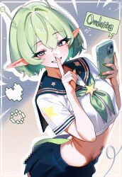 1girl alien_mixture antennae blue_eyes blue_sailor_collar blue_skirt breasts censored crop_top finger_to_mouth gomi_(gomiwaan) green_hair green_nails grin hands_up highres holding holding_phone index_finger_raised indie_virtual_youtuber looking_at_viewer midriff miniskirt mosaic_censoring nail_polish navel neckerchief phone pleated_skirt pointy_ears sailor_collar school_uniform serafuku shirt short_hair short_sleeves shushing skirt small_breasts smile solo star_(symbol) stomach virtual_youtuber white_shirt