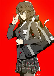 10s 1girl adjusting_eyewear amamiya_ren bad_id bad_pixiv_id bag blue_eyes brown_eyes brown_hair cat club3 genderswap genderswap_(mtf) glasses highres messy_hair morgana_(cat)_(persona_5) morgana_(persona_5) parted_lips persona persona_5 pleated_skirt red_background school_uniform simple_background skirt smile