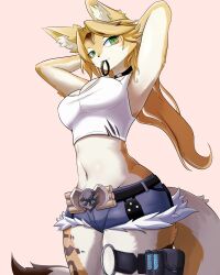 1girl absurdres animal_ear_fluff animal_ears arms_behind_head arms_up black_choker blonde_hair blue_shorts body_fur breasts cat_ears cat_girl cat_tail choker cleavage cleavage_cutout clothing_cutout crop_top cropped_shirt ezest furry furry_female green_eyes highres large_breasts long_hair looking_at_viewer midriff mouth_hold navel o-ring o-ring_thigh_strap parted_bangs ponytail pulchra_fellini shirt short_shorts shorts smile solo tail thigh_strap white_shirt yellow_fur zenless_zone_zero