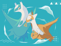 animal_focus asagi_negiko blue_background blue_eyes claws closed_mouth cloud full_body gen_3_pokemon highres latias latios legendary_pokemon limited_palette nintendo no_humans orange_eyes pokemon pokemon_(creature) twitter_username