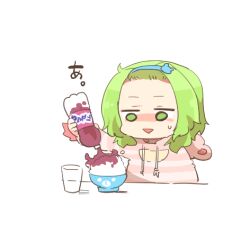 1girl :&gt; animal_ears animal_hood bear_ears bear_hair_ornament bear_hood blue_hairband bottle bowl chibi cup drawstring drinking_glass fake_animal_ears forehead green_eyes green_hair hair_ornament hairband holding holding_bottle hood hood_down hoodie lowres morinaka_kazaki morinaka_kazaki_(1st_costume) nijisanji open_mouth pouring rebecca_(keinelove) rice rice_bowl simple_background small_sweatdrop solo striped_clothes striped_hoodie sweat translation_request upper_body virtual_youtuber white_background