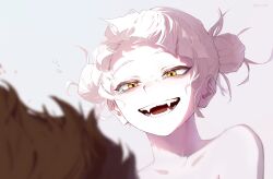 2girls bare_shoulders blonde_hair boku_no_hero_academia brown_hair commentary crying crying_with_eyes_open double_bun fangs grey_background hair_bun happy_tears highres implied_nudity multiple_girls open_mouth simple_background solo_focus soru_2023 tears toga_himiko upper_body uraraka_ochako yellow_eyes