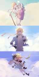 &gt;_&lt; 2boys age_regression angel caesar_anthonio_zeppeli cloud comic closed_eyes halo heaven highres hug jojo_no_kimyou_na_bouken joseph_joestar joseph_joestar_(old) joseph_joestar_(young) male_focus mayer multiple_boys old old_man aged_up silent_comic aged_down