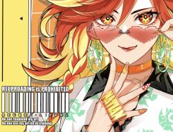 1girl adjusting_eyewear alternate_costume blonde_hair braid collared_shirt earrings english_text genshin_impact hair_between_eyes hand_up heart heart-shaped_eyewear jewelry long_hair mavuika_(genshin_impact) multicolored_hair nail_polish orange_eyes red_hair shiba_(tonari_no_shiba_inu) shirt single_braid tongue tongue_out two-tone_hair