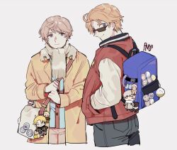 2boys ahoge america_(hetalia) axis_powers_hetalia backpack badge bag black-framed_eyewear blue_eyes blue_shirt buttons character_doll closed_mouth coat commentary_request cowboy_shot dkdmis doll from_side fur-trimmed_coat fur_trim grey_hair grey_pants hand_in_pocket holding holding_bag jacket lapels letterman_jacket long_sleeves looking_at_another looking_at_viewer male_focus merchandise multiple_boys open_clothes open_coat orange_coat orange_hair pants pink_pants purple_eyes red_jacket russia_(hetalia) shirt short_hair simple_background smile standing star_(symbol) star_print sunglasses white_background white_bag