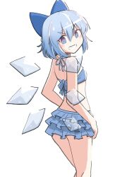 1girl bare_arms bare_legs bare_shoulders bikini bikini_top_only blue_bikini blue_bow blue_eyes blue_hair blue_skirt bow cirno commentary cowboy_shot flat_chest from_behind grin hair_between_eyes hair_bow hands_on_own_hips highres ice ice_wings indosou looking_at_viewer looking_back short_hair simple_background skirt smile solo swimsuit touhou v-shaped_eyebrows white_background wings