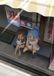 1boy 1girl aqua_(konosuba) bare_shoulders bench black_footwear blue_eyes brown_hair crying dress game_boy hair_bun handheld_game_console highres holding holding_handheld_game_console izawa_(bhive003) kono_subarashii_sekai_ni_shukufuku_wo! long_hair lower_teeth_only satou_kazuma shiny_skin shoes short_hair single_hair_bun sitting tears teeth tongue translation_request white_dress