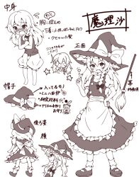 1girl apron bloomers blush bow braid broom character_charm charm_(object) commentary_request crossed_arms embarrassed flying_sweatdrops frilled_apron frilled_skirt frills greyscale hair_bow hand_on_own_hip hat hat_bow hat_ribbon heart index_finger_raised kirisame_marisa long_hair marikichi_aniki mary_janes monochrome multiple_views nose_blush open_mouth profile puffy_short_sleeves puffy_sleeves ribbon shoes short_sleeves side_braid skirt socks speech_bubble standing star_(symbol) tank_top touhou translation_request underwear vest waist_apron witch_hat