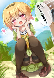 1girl 3105lave black_hairband black_pantyhose blonde_hair blurry blurry_background blush brown_shoes cameltoe day dress fang full_body green_dress hairband hands_up heart highres higurashi_no_naku_koro_ni houjou_satoko loli looking_at_viewer mesugaki neckerchief open_mouth outdoors panties panties_under_pantyhose pantyhose pink_eyes puffy_short_sleeves puffy_sleeves sailor_collar sailor_dress shoes short_hair short_sleeves skin_fang solo speech_bubble spoken_heart squatting thighband_pantyhose translation_request underwear white_panties white_sailor_collar yellow_neckerchief