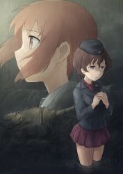 Rule 34 | 2girls, absurdres, akaboshi koume, black headwear, black jacket, blouse, blue eyes, brown eyes, brown hair, closed mouth, coat, dress shirt, ennui orz, frown, garrison cap, girls und panzer, grey sky, hands on own chest, hat, highres, insignia, jacket, kuromorimine military uniform, long sleeves, military, military hat, military uniform, military vehicle, miniskirt, motor vehicle, multiple girls, nishizumi miho, ooarai school uniform, overcoat, panther (tank), parted lips, pleated skirt, rain, red shirt, red skirt, river, school uniform, serafuku, shirt, short hair, skirt, sky, standing, submerged, tank, wading, wavy hair, wet, wet clothes, wet hair, white shirt, wind, wing collar