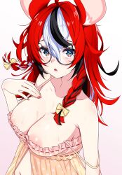 Rule 34 | 1girl, absurdres, animal ears, areola slip, armpit crease, babydoll, black-framed eyewear, black streaks, blue eyes, bow, braid, breasts, chestnut mouth, cleavage, collarbone, double-parted bangs, gradient background, hair between eyes, hair bow, hakos baelz, hakos baelz (5th costume), hand on own chest, highres, hololive, hololive english, large breasts, long hair, looking at viewer, low twin braids, mouse ears, multicolored hair, pink babydoll, pink nails, polka dot babydoll, red hair, round eyewear, solo, strap slip, streaked hair, sweat, twin braids, upper body, virtual youtuber, white streaks, yellow babydoll, yellow bow, zabudog777
