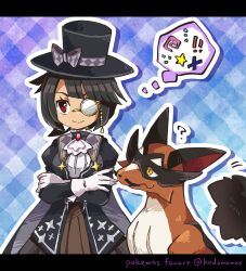 1girl ? ascot black_hair black_headwear blunt_bangs bow chain closed_mouth commentary_request eyelashes gen_8_pokemon gloves hat hat_bow highres kedamamax letterboxed monocle nintendo official_alternate_costume opaque_monocle outline pokemon pokemon_(creature) pokemon_masters_ex red_eyes smile speech_bubble split_mouth thievul thought_bubble top_hat white_ascot white_gloves zinnia_(pokemon) zinnia_(special_costume)_(pokemon)
