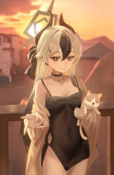 1girl animal black_choker black_dress black_hair black_horns blue_archive breasts brown_jacket cat choker closed_mouth commentary_request demon_horns dress ear_piercing evening grey_hair hair_between_eyes halo highres holding holding_animal horns jacket kayoko_(blue_archive) kayoko_(dress)_(blue_archive) long_hair looking_at_viewer official_alternate_costume official_alternate_hairstyle outdoors piercing reaching reaching_towards_viewer red_eyes single_off_shoulder small_breasts smile solo standing sunset xixic-owo