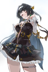 1girl absurdres astra_yao bare_shoulders bead_necklace beads black_dress black_hair bow breasts cleavage cleavage_cutout clothing_cutout dress earrings gloves green_bow hairband hand_on_own_chest highres jewelry kkkaneko_1360685303 long_hair looking_at_viewer necklace parted_lips red_eyes sidelocks smile solo strapless strapless_dress white_gloves white_hairband zenless_zone_zero