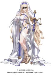 1girl armpits blindfold blush breasts brown_dust_(series) brown_dust_2 closed_mouth copyright_name dress from_side full_body goblin_slayer! gold_sandals hand_on_own_chest highres holding holding_sword holding_weapon jewelry large_breasts lips looking_at_viewer official_art pendant revealing_clothes sandals sideboob simple_background smile solo sword sword_maiden toes veil weapon weighing_scale white_background white_dress white_sleeves white_veil