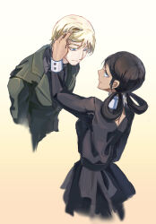 1boy 1girl black_dress black_hair black_shirt blonde_hair blue_eyes chinese_commentary commentary_request dark-skinned_female dark_skin dress gradient_background green_eyes green_jacket gundam gundam_gquuuuuux hair_over_one_eye hair_rings highres jacket lalah_sune long_sleeves looking_at_another shirouzu_(gundam) shirt short_hair simple_background smile turtleneck wumingshi982 yellow_background