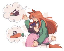Rule 34 | 2girls, 4byssopel4gic, :t, animal ears, arm up, blush, bow, braid, brown hair, carrot, chibi, closed eyes, closed mouth, commentary, cropped legs, cropped torso, curled fingers, dreaming, english commentary, facing another, food bite, from side, green pajamas, hair bow, half up braid, head on another&#039;s chest, horse ears, horse girl, horse tail, long hair, long sleeves, multicolored hair, multiple girls, nightmare, orange hair, orange tail, pajamas, pink pajamas, purple bow, short hair, sidelocks, silence suzuka (umamusume), sleeping, special week (umamusume), speech bubble, streaked hair, sweatdrop, tail, thought bubble, two-tone hair, umamusume, white background, white streaks