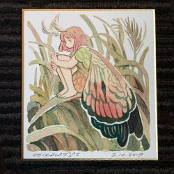 1girl antennae arthropod_girl barefoot border brown_dress closed_mouth dated dress fairy frown full_body gold_border gradient_clothes gradient_dress grass green_dress heikala highres hugging_own_legs insect_girl knees_up leaf mini_person minigirl miniskirt moth_antennae moth_girl on_grass original outdoors painting_(medium) photo_(medium) pink_hair pink_wings plant profile short_hair short_sleeves sitting skirt solo traditional_media watercolor_(medium) white_background white_border wings