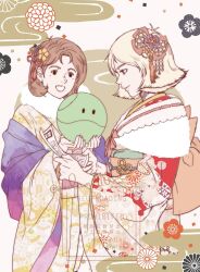 2girls blonde_hair blue_eyes flower gundam haro highres japanese_clothes kimono mirai_yashima mobile_suit_gundam multiple_girls obi open_mouth paper robot sash sayla_mass short_hair siodam410 smile