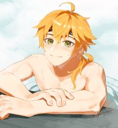 1boy blonde_hair blush closed_mouth commentary_request genshin_impact headband highres looking_at_viewer male_focus onsen pectoral_cleavage pectorals ponytail ripples shokun_2 signature smile steam thoma_(genshin_impact) toned toned_male topless_male upper_body water wet
