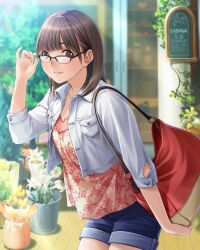 1girl adjusting_eyewear anegasaki_nene bag bespectacled black-framed_eyewear blush breasts brown_eyes brown_hair cleavage closed_mouth cowboy_shot day denim denim_shorts door floral_print_shirt flower glasses grass hand_on_eyewear hand_up highres holding holding_bag jacket light_rays looking_at_viewer looking_to_the_side love_plus medium_hair mole mole_under_eye official_art open_clothes open_jacket outdoors red_bag shop shorts shoulder_bag smile solo sunbeam sunlight tree white_flower yellow_flower