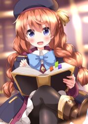 1girl :d beret black_coat black_hat black_pantyhose blue_bow blue_bowtie blurry blurry_background blush book bookmark boots bow bowtie braid brown_boots coat collared_shirt commentary_request crossed_legs hat highres holding holding_book indoors long_hair long_sleeves looking_at_viewer open_book open_clothes open_coat open_mouth orange_hair pantyhose princess_connect! purple_eyes ruu_(tksymkw) shirt sitting smile solo twin_braids white_shirt yuni_(princess_connect!)