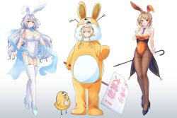 1girl :t alternate_costume animal_costume animal_ears arrow_(projectile) bird black_footwear blonde_hair blue_bow blue_bowtie blue_eyes blush bow bowtie braid breasts broken_arrow brown_pantyhose cane cleavage closed_mouth coattails collar commentary_request cone_hair_bun covered_navel detached_collar fake_animal_ears frilled_leotard frills full_body garter_straps hagoromo hair_bow hair_bun hand_on_own_chest high_heels holding holding_cane holding_sign ieiri_popo kirakira_620 kohaku_yuri large_breasts leotard light_brown_hair long_hair looking_at_viewer medium_breasts multicolored_hair nanashi_inc. necktie open_mouth orange_hair orange_leotard pantyhose playboy_bunny purple_eyes purple_hair purple_necktie rabbit_costume rabbit_ears shawl short_hair short_hair_with_long_locks sidelocks sign simple_background smile solo standing strapless strapless_leotard streaked_hair thighhighs touri_sei two-tone_hair virtual_youtuber white_background white_bow white_collar white_hair white_leotard white_thighhighs wrist_cuffs yellow_eyes