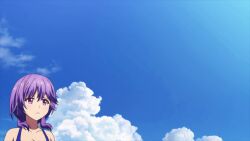 1girl animated anime_screenshot bikini blue_bikini bouncing_breasts breasts cleavage hair_between_eyes highres large_breasts mizuori_shizuku purple_eyes purple_hair sky sound summer_pockets swimsuit tagme video