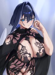 1girl absurdres alternate_costume black_dress black_hair blue_eyes breasts chronopattern_dress dress hair_intakes highres hololive hololive_english huge_breasts koizumi_arata looking_at_viewer ouro_kronii parted_lips revealing_clothes solo virtual_youtuber