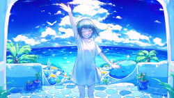 1girl :d arch arm_at_side arm_up black_hair blue_sky blue_theme blush closed_eyes cloud cloudy_sky cross cumulonimbus_cloud day dome facing_viewer feet_out_of_frame fuunyon grin highres horizon long_bangs no_pants ocean open_hand open_mouth original outdoors palm_tree plant potted_plant shirt short_hair short_sleeves sidelocks simple_bird sky smile solo stone_floor stone_wall straight-on teeth tower town tree wall white_shirt