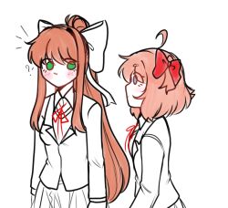? ahoge blush bow closed_mouth doki_doki_literature_club doki_doki_literature_club_school_uniform feet_out_of_frame flustered green_eyes hair_bow long_hair looking_at_another looking_to_the_side medium_hair monika_(doki_doki_literature_club) no_mouth pink_hair ponytail red_bow red_hair red_ribbon ribbon sayori_(doki_doki_literature_club) school_uniform sillybrowniee simple_background sketch smile standing white_background white_bow yuri