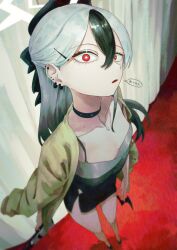 1girl absurdres black_choker black_dress black_hair black_horns blue_archive blush breasts choker collarbone curtains demon_horns demon_wings diamond_necklace dress ear_piercing grey_halo gun h&amp;k_p30 hair_between_eyes halo handgun highres horns jacket kayoko_(blue_archive) kayoko_(dress)_(blue_archive) long_hair long_sleeves looking_at_viewer mole mole_on_collarbone mole_on_neck multicolored_hair official_alternate_costume piercing purple_wings red_eyes single_wing solo studded_choker weapon white_hair wings y4mori_gekko