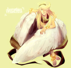 1boy anklet barefoot black_hairband blonde_hair commentary dame_of_sentinel english_commentary feathered_wings full_body green_eyes hair_over_one_eye hairband halo highres jewelry long_hair male_focus memoryjoule open_mouth ragnarok_online simple_background smile solo swept_bangs topless_male traditional_halo white_wings wings yellow_background yellow_halo