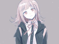 1girl breasts brown_hair collared_shirt danganronpa_(series) danganronpa_2:_goodbye_despair flipped_hair hair_ornament jacket long_sleeves looking_at_viewer medium_hair nanami_chiaki neck_ribbon open_clothes open_jacket pink_bag pink_eyes pink_ribbon ribbon shirt smile solo spaceship_hair_ornament two-tone_shirt white_shirt yasushi_(yssm8)