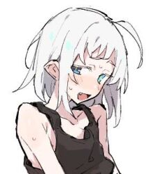 Rule 34 | 1girl, ahoge, azuma shino, black tank top, blue eyes, fang, flat chest, heterochromia, lowres, nowareno (azuma shino), open mouth, original, pointy ears, short bangs, short hair, simple background, skin fang, tank top, white background, white hair