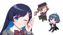 3girls :o ;) ;d ahoge binchou_maguro black_boots black_bow black_bowtie black_jacket black_pants black_ribbon black_shoes black_skirt blue_eyes blue_hair blue_hairband boots bow bowtie brown_eyes brown_hair cevio chibi closed_mouth collared_shirt commentary_request fortissimo futaba_minato grey_jacket hair_ornament hair_ribbon hairband hand_up hands_up hat high_heel_boots high_heels highres jacket long_hair long_sleeves multiple_girls musical_note musical_note_hair_ornament one_eye_closed open_clothes open_jacket open_mouth outstretched_arm pants red_bow red_bowtie red_hat red_jacket ribbon satou_sasara shirt shoes short_hair simple_background skirt smile striped_bow striped_bowtie striped_clothes suzuki_tsudumi treble_clef white_background white_shirt