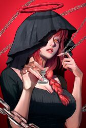 Rule 34 | 1girl, absurdres, black hood, black shirt, blood, blood halo, braid, braided ponytail, breasts, chain, chainsaw man, chess piece, cleavage, eyeshadow, fingernails, halo, hands up, highres, holding, holding chain, holding chess piece, hood, hood over one eye, hood up, large breasts, lips, liquid halo, looking at viewer, makeup, makima (chainsaw man), nail polish, nervi fd, one eye covered, orange eyes, parted lips, pawn (chess), pink lips, pink nails, purple eyeshadow, red background, red hair, ribbed shirt, ringed eyes, shirt, solo, square neckline, yellow eyes