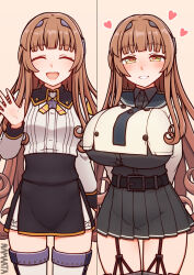 arms_behind_back before_and_after black_shirt black_skirt breast_expansion breasts brown_hair cosplay garter_straps heart heart_in_eye helena_(kancolle) highres huge_breasts kantai_collection long_hair long_sleeves miniskirt namaata noshiro_(kancolle) noshiro_kai_ni_(kancolle) noshiro_kai_ni_(kancolle)_(cosplay) pleated_skirt shirt skirt small_breasts smile symbol_in_eye thighhighs waving white_shirt