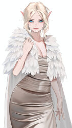 Rule 34 | 1girl, absurdres, blonde hair, blue eyes, breasts, cape, cleavage, commentary, english commentary, feathers, highres, looking at viewer, ori dal, original, pointy ears, shiny clothes, simple background, small breasts, solo, standing, white background, white cape, white feathers