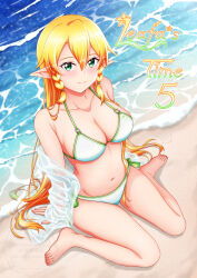 Rule 34 | 1girl, beach, bikini, blonde hair, breasts, comiket 106, commentary request, cover, green eyes, highres, ken-ji, large breasts, leafa (sao), long hair, looking at viewer, navel, ocean, pointy ears, see-through clothes, see-through shirt, shirt, sitting, solo, swimsuit, sword art online, very long hair, wariza, water, waves, white bikini