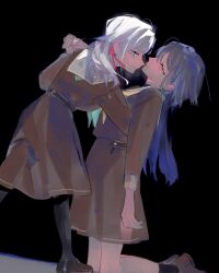 2girls aqua_neckerchief black_background black_pantyhose black_shoes black_socks blue_eyes brown_dress brown_shoes ceras_yanagida_lilienfeld closed_mouth commentary dress edel_note eye_contact foot_out_of_frame full_body grabbing_another&#039;s_hand grey_hair hair_ornament hair_ribbon hasu_no_sora_school_uniform highres katsuragi_izumi kneeling link!_like!_love_live! loafers long_hair long_sleeves looking_at_another love_live! mary_janes medium_dress multiple_girls neckerchief orange_eyes pantyhose parted_lips pipi_(m1x_mix) pleated_dress profile purple_eyes red_ribbon ribbon sailor_collar sailor_dress school_uniform shoes simple_background socks triangle_hair_ornament virtual_youtuber white_sailor_collar winter_uniform wolf_cut yellow_neckerchief