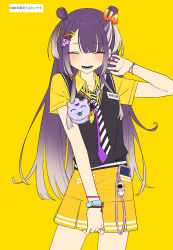 Rule 34 | 1girl, black sweater vest, bracelet, charm (object), closed mouth, cowboy shot, double bun, facing viewer, gradient hair, hair bun, hair ornament, hairclip, highres, jewelry, long hair, miniskirt, multicolored hair, multicolored nails, necktie, nijisanji, phone in pocket, po (po 495), purple hair, shirt, short sleeves, simple background, skirt, smile, solo, sweater vest, two side up, umise yotsuha, umise yotsuha (1st costume), virtual youtuber, white hair, yellow background, yellow shirt, yellow skirt