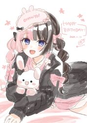 Rule 34 | 1girl, :d, black bow, black hair, black jacket, bow, braid, commentary request, dated, hair bow, happy birthday, highres, jacket, long hair, long sleeves, looking at viewer, mask, mask on head, multicolored hair, open mouth, pink bow, pink hair, pink shirt, puffy long sleeves, puffy sleeves, rino cnc, romaji text, shirt, simple background, sleep mask, sleeves past wrists, smile, solo, stuffed animal, stuffed rabbit, stuffed toy, tachibana hinano, twin braids, twintails, twitter username, two-tone hair, virtual youtuber, vspo!, white background
