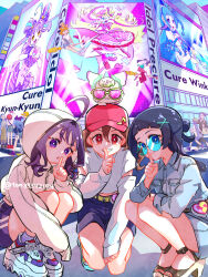 6+girls :o ahoge alien alternate_hairstyle aokaze_nana arm_cutout arms_up baseball_cap belt black_jacket black_pants black_shoes blue-tinted_eyewear blue_dress blue_eyes blue_hair blue_shorts braid broom broom_riding brown_hair building camera casual character_name closed_mouth commentary cropped_jacket crosswalk cure_idol cure_kyunkyun cure_wink davi_(dokidoki!_precure) day denim denim_dress denim_skirt dokidoki!_precure double_vertical_stripe dress eighth_note english_commentary eyewon_(precure) finger_to_mouth flying formal_clothes futari_wa_precure_splash_star glasses grin hair_bun hair_ornament hat high_heels highres hisui_(precure) holding holding_camera hood hood_up hooded_jacket hug hug_from_behind idol_heart_brooch in-franchise_crossover index_finger_raised izayoi_liko jacket kenzaki_makoto kimi_to_idol_precure kiryuu_kaoru kiryuu_michiru kneeling long_hair long_skirt long_sleeves looking_at_another looking_at_viewer looking_back low_twin_braids mahou_girls_precure! mahou_girls_precure!!_mirai_days medium_hair midriff miniskirt multiple_girls musical_note open-toe_shoes outdoors pant_suit pants ponytail precure purirun_(precure) purple_eyes purple_hair purple_hat red_eyes red_hair red_hat road round_eyewear sakura_uta_(precure) shigure_kokoro shirt shoes short_dress short_hair shorts shushing single_hair_bun skirt smile sneakers squatting star_twinkle_precure street suit sunglasses taking_picture tinted_eyewear ton_(ton39342104) twin_braids twitter_username walking white_jacket white_shirt white_shoes x_hair_ornament yellow_belt yellow_hat yuni_(precure)
