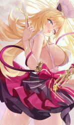 +_+ 1girl absurdres apron aqua_eyes blonde_hair blush bow bow_skirt breasts chef_hat commentary_request cowlick dress escoffier_(genshin_impact) fang floating_hair frilled_apron frills from_side genshin_impact glint hand_up hat highres holding holding_knife knife large_breasts long_hair looking_at_viewer open_mouth sideboob skin_fang skirt solo sparkle standing sweat table_knife thighs toque_blanche two-tone_skirt very_long_hair white_apron white_hat zhongwu_chahui