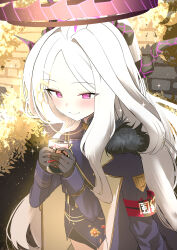 Rule 34 | 1girl, absurdres, ahoge, armband, black coat, black halo, black skirt, blue archive, breasts, coat, coat on shoulders, halo, highres, hina (blue archive), long hair, mukuro669966, outdoors, purple eyes, red armband, shiruko (food), skirt, small breasts, solo, standing, very long hair, white hair