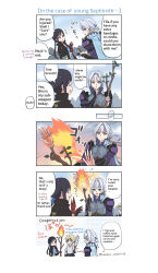 1girl 2boys absurdres asami_yutori baseball_bat black_gloves black_hair black_jacket blonde_hair blue_cape blue_eyes blue_headband blue_shirt blue_sky branch brown_gloves cape cloud cloud_strife cloud_strife_(locke&#039;s_outfit) cloudy_sky commentary_request cosplay dated earrings edgar_roni_figaro edgar_roni_figaro_(cosplay) emphasis_lines english_text final_fantasy final_fantasy_vi final_fantasy_vii final_fantasy_vii_ever_crisis fire gloves grey_hair grey_shirt headband highres holding holding_baseball_bat holding_branch jacket jacket_on_shoulders jewelry locke_cole locke_cole_(cosplay) long_hair looking_at_another low_ponytail multiple_boys notice_lines official_alternate_costume open_clothes open_mouth outdoors ponytail pyrokinesis red_eyes sabin_rene_figaro sabin_rene_figaro_(cosplay) sephiroth sephiroth_(edgar&#039;s_attire) sephiroth_(ever_crisis) shirt short_hair sky snow snowing speech_bubble spiked_hair sweatdrop thought_bubble tifa_lockhart tifa_lockhart_(sabin&#039;s_style) tree twitter_username upper_body