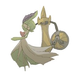 1girl aegislash arm_up black_sclera bob_cut bright_pupils closed_eyes colored_sclera colored_skin creatures_(company) dancing flat_chest floating full_body game_freak gardevoir gen_3_pokemon gen_6_pokemon green_hair green_skin hair_over_one_eye half-closed_eyes holding_hands looking_at_another multicolored_skin napopo nintendo no_mouth one-eyed one_eye_covered pokemon pokemon_(creature) purple_eyes shield short_hair simple_background sketch standing sword two-tone_skin u_u weapon white_background white_pupils white_skin